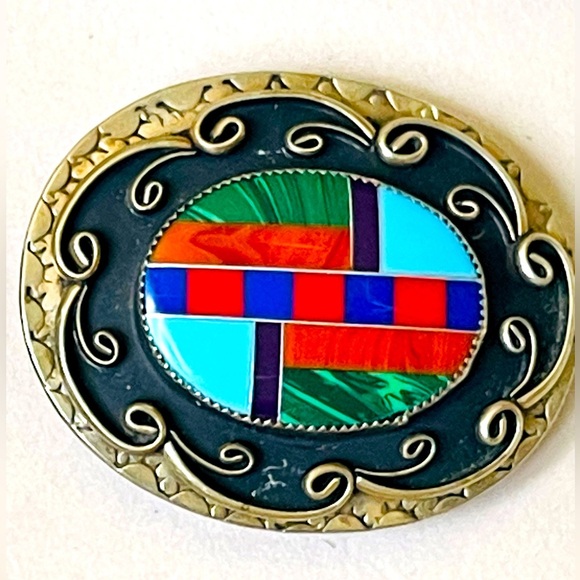 VTG Southwest Mosaic Inlay Gemstone Belt Buckle Silver Plated - Picture 1 of 11